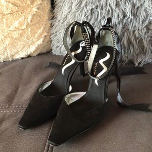 NINA Black Satin Adjustable Ankle Heels Size 6.5